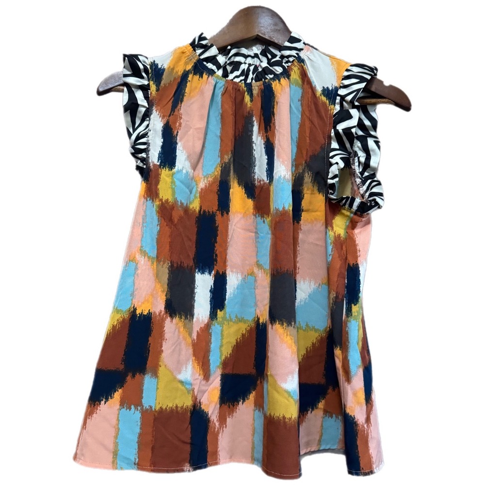 THML Top Womens Small Multicolor Excellent Abstract Mixed Media Ruffle Blouse